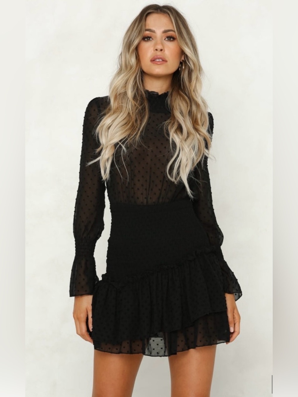 Hello Molly Don’t Take It Personal Black Mesh Dot Ruffle Mini Dress